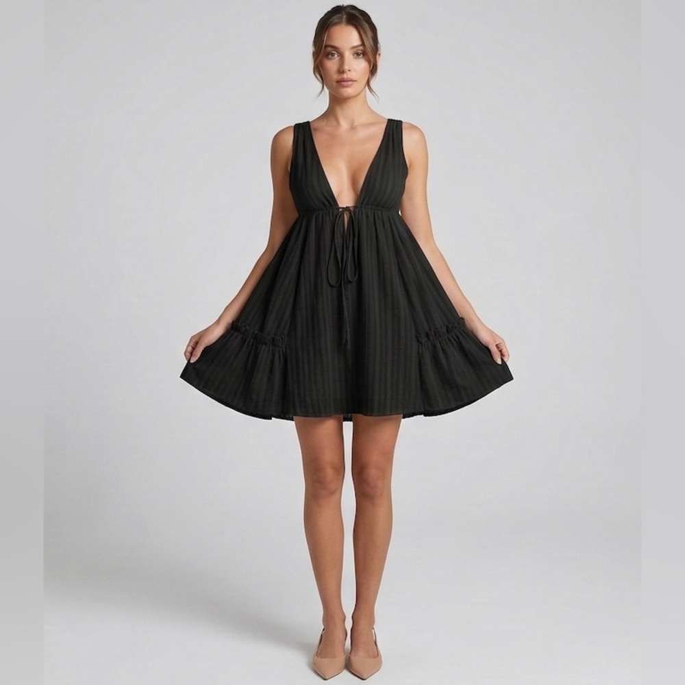 Ethereal 100% Cotton Deep V-Neck Babydoll Mini Dress Black - Picture 2 of 7